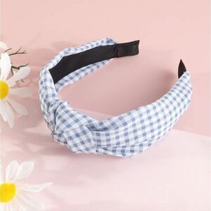 Blue Gingham Check Top Knot Headband